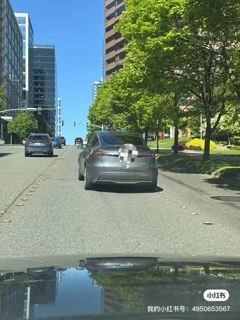 Gray Tesla Model Y with a dented trunk
