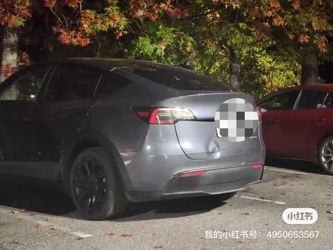 Gray Tesla Model Y with a dented trunk